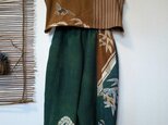 古布リメイク (セットアップ) フレンチ袖ベスト+緑藍染のゆったりコクーンパンツ 着物リメイク 古布パンツ 柿渋染