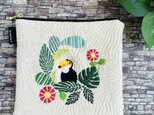 カンタ刺繍風オニオオハシ風南国風フラットポーチ／ぺたんこポーチ/サニタリーポーチ/通帳ポーチ