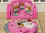 ミニチュア　柴犬ピンクのソファー６点セット　手作りケーキ・アイスコーヒー付き