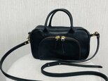 イタリア製タンニン鞣し牛革「アリゾナ」・ダブルファスナーポケット付き2wayミニボストンショルダーハンドバック・黒