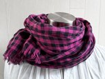秋冬 イタリアンリネンのストール　ギンガムチェック　フューシャピンク×黒