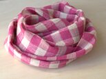ホームスパン　リネン×カシミヤマフラー　ピンク大きめギンガムチェック