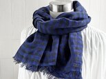 150 短めイタリアンリネンのストール　ギンガムチェック　ブルー×黒