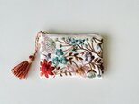春色　花刺繍＋ビーズ刺繍　ミニポーチ　(裏地黄色)　
