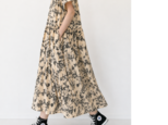 【期間限定SALE】大人の花柄クラシカルワンピース*アンティーク調のボタニカル柄*半袖*ベージュ*国産綿100%*ポケット付