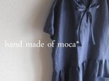 【受注製作】W50半袖リネン前ヒモリボンフード付きワンピース★インディゴの画像