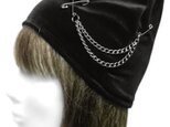 パンク[チェーン&ピンクロス付]ネコ耳帽子◆ベロアニット/黒の画像