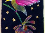 アート「百日草と小鳥」刺繍とアクリル画 SMパネル貼りの画像