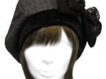 リボン飾り/リブ付ベレー帽(ゆったり)◆フラノウール/灰の画像