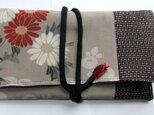 大島紬と花柄の着物で作った和風札入れ、ポーチあ８６７の画像