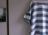 リネンパフ袖ブラウス（杢ブルー＆オフホワイト）