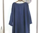 濃紺ﾘﾈﾝ100％丸襟オフショルダーパフ袖ワンピース