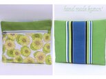 リバーシブルUSコットンフラットポーチ（黄色黄緑花×ストライプ）