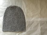 ゆったり　リネン風コットン　手編みニットキャップ　濃グレー杢の画像