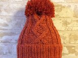 ニット帽アルパカ×ラムウール橙色系(ボンボン付）　の画像