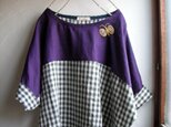 リネン100 ギンガム×パープル バイカラープルオーバーブラウス