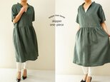 ＜限定価格＞ベルギーリネン100% 2重ベルトの立ち襟 dolmanスキッパーワンピース/ローリエa20-5