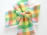 ウール＆ボア素材のリボン付きキッズマフラー～グリーン・オレンジ・イエロー
