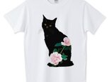 084黒猫バラTシャツ【男女兼用タイプ】の画像