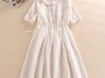 f050(再販)夏向け　リネンの丸襟ワンピース　ホワイト