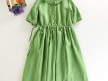 f054(再販4)夏向け　リネンの丸襟ワンピース　グリーン