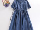 f055夏向け　リネンの丸襟ワンピース　サファイア色