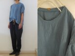 スチールブルー　綾織りリネン　ゆるり半袖プル
