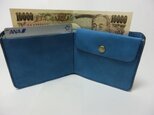 シンプルな２つ折りオール革財布（ブルー）　小銭入れ部マチなし