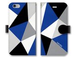 手帳型 三角 模様のスマホケース　トライアングル　ブラック×グレー×ホワイト×ブルーの画像