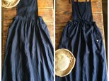 エプロンワンピースロング丈・ネイビー・リネン100%