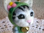 羊毛フェルト猫ちゃんストラップ　グリーンの画像