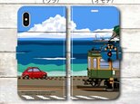 湘南イラスト・スマホケース（手帳型）iPhone&Android対応　鎌倉高校前踏切と江ノ電＆フィアット５００のイラスト♪の画像