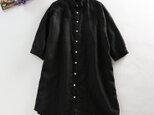 f079（再販7）肌触り最高なリネンロングシャツ　7分袖　ブラック　black