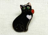 ねこ （赤いリボンの黒猫2016)の七宝焼ミニブローチ【受注制作】の画像