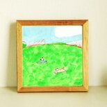 原画「春風とキミとぼく」 ※木製額縁入り（18㎝角）水彩・犬の絵・春・送料無料