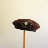 鳥さんアップリケのウールベレー　ブラウン