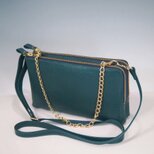 ★日本製★牛革★お財布ポシェット★ダブルファスナー★ショルダーバッグ★ブルーグリーン★ゴールドチェーン★