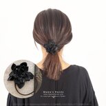 残少⭐️7点売れました⭐️《革の花》ブラック オイル レザー 黒 クシュクシュ 花 フォーマル 冠婚葬祭 コサージュ ヘアゴム