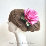 フラメンコ・フローレス・発表会に♡大輪のローズピンクの薔薇のヘッドドレス   ピンク　薔薇　バラ　髪飾り　発表会　成人式　袴の画像