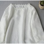 リネン100％素材、素敵な総刺繍シンプルな長袖ワンピース♪