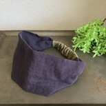 幅広でゆったり包むヘアターバン　しっとりとした厚みのベルギーリネン（パープル×イエローカーキ）の画像