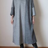 秋冬　バイカラーのロングワンピース　グレー　ツイード×ヘリンボーン　