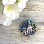 【スチームパンク】水引　ブローチ　ブルー　帯留　ロボット　歯車