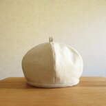 コットンリネンのベレー帽　ベージュ・生成り、ストライプの画像