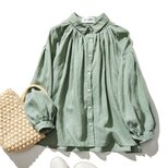 薄い水色　着回しの一枚になれる　麻のシャツ　麻100％　長袖　薄緑色　220606-3