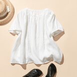 涼しげな大人可愛いピンタック入りブラウス　リネン100％　ホワイト　230505-1の画像