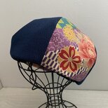 送料無料　着物リメイクのベレー帽（青）