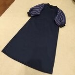 ストライプリネンお袖のパフスリーブカットソーワンピース(濃紺)の画像