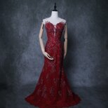 カラードレス 赤 マーメイドライン ベアトップ キラキラスパンコール 高級刺繍 披露宴/前撮りの画像