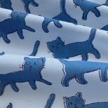 インド ブロックプリント生地 [20cm単位] キャット ライトブルー ホワイト地　IF0019 ファブリック 猫 ねこ